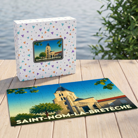 Puzzle souvenir de la ville de Saint-Nom-la-Bretèche avec une illustration stylisée de son église.