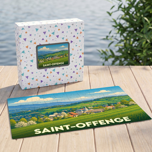 Puzzle souvenir de la ville de Saint-Offenge avec une illustration paysagère stylisée.