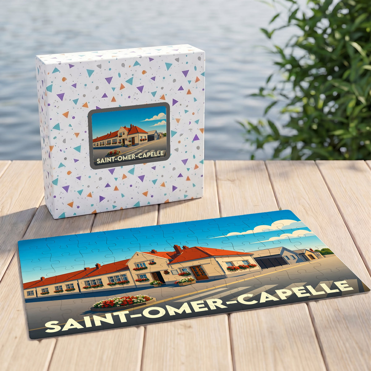 Puzzle souvenir de la ville de Saint-Omer-Capelle avec une illustration stylisée d'un paysage urbain.