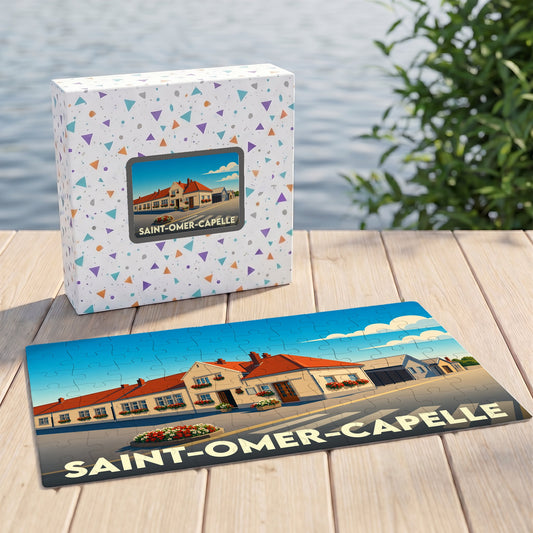 Puzzle souvenir de la ville de Saint-Omer-Capelle avec une illustration stylisée d'un paysage urbain.