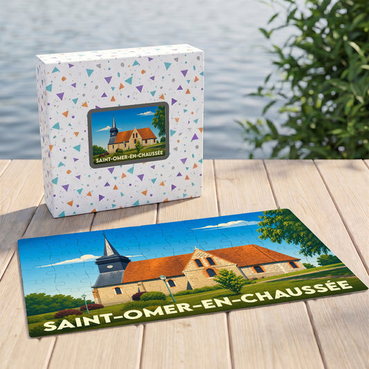 Puzzle souvenir de la ville de Saint-Omer-en-Chaussée avec une illustration stylisée de son église.