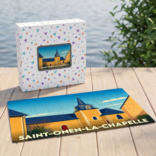 Puzzle souvenir de la ville de Saint-Onen-la-Chapelle avec une illustration stylisée de son église.