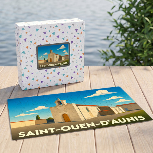 Puzzle souvenir de la ville de Saint-Ouen-d'Aunis avec son illustration stylisée et sa boîte assortie.