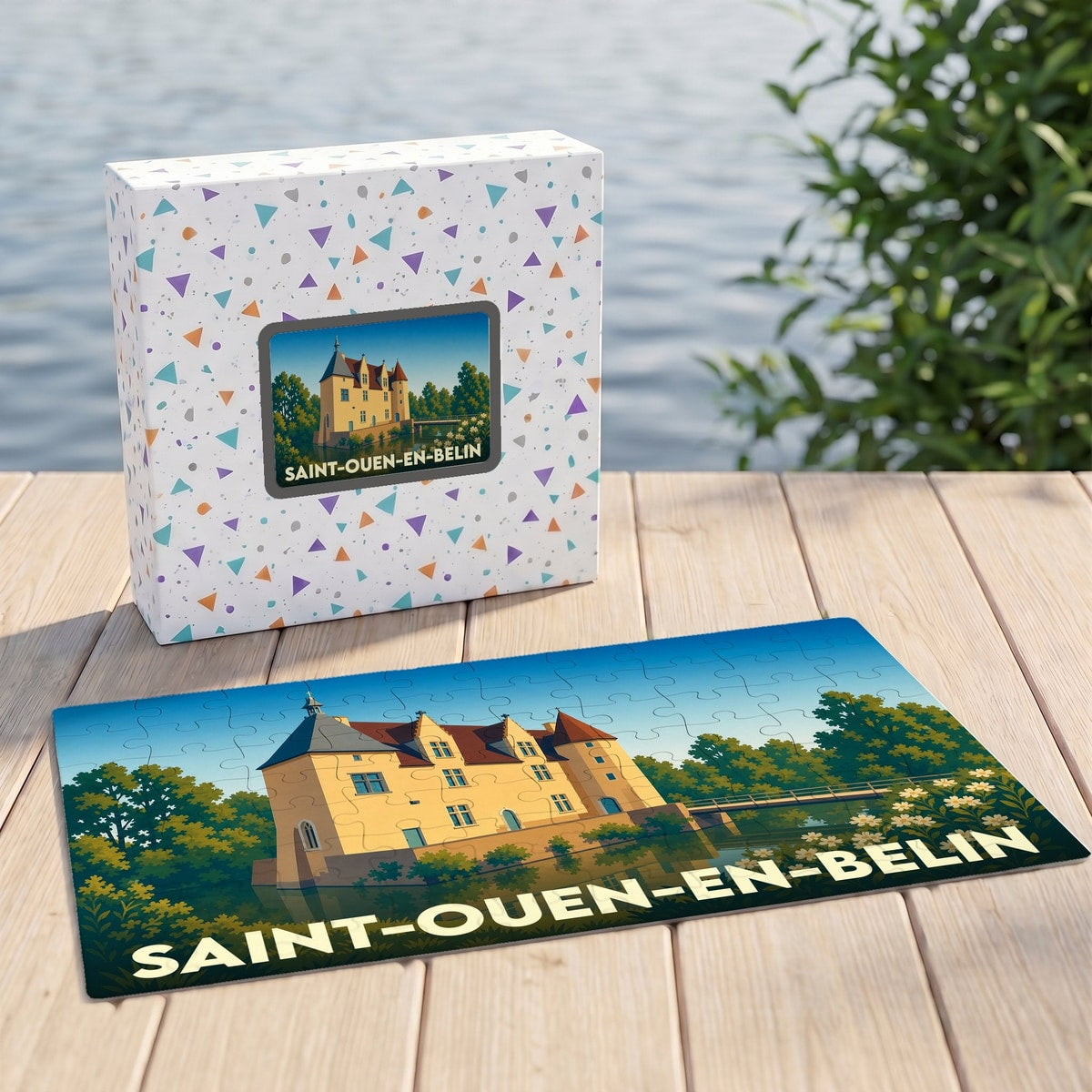 Puzzle souvenir de la ville de Saint-Ouen-en-Belin avec une illustration stylisée de son château et de sa boîte assortie.