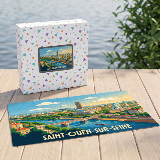 Puzzle souvenir de la ville de Saint-Ouen-sur-Seine avec une illustration stylisée des bords de Seine.