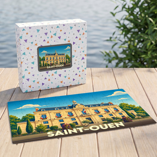 Puzzle souvenir de la ville de Saint-Ouen avec une illustration stylisée de son hôtel de ville.