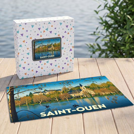 Puzzle souvenir de la ville de Saint-Ouen avec une illustration stylisée d'un paysage au bord de l'eau.