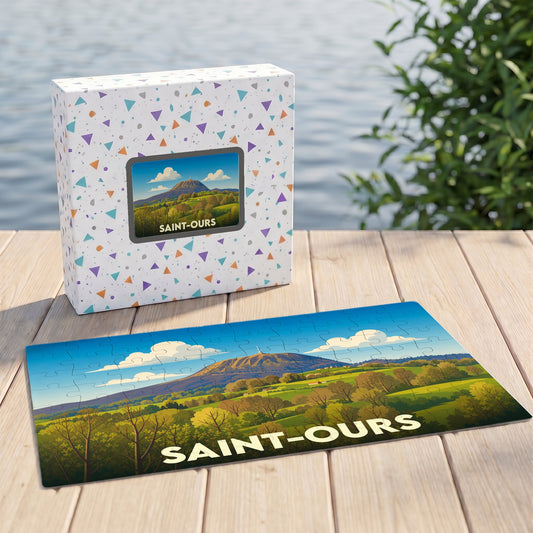 Puzzle souvenir de la ville de Saint-Ours avec une illustration stylisée de son paysage montagneux.