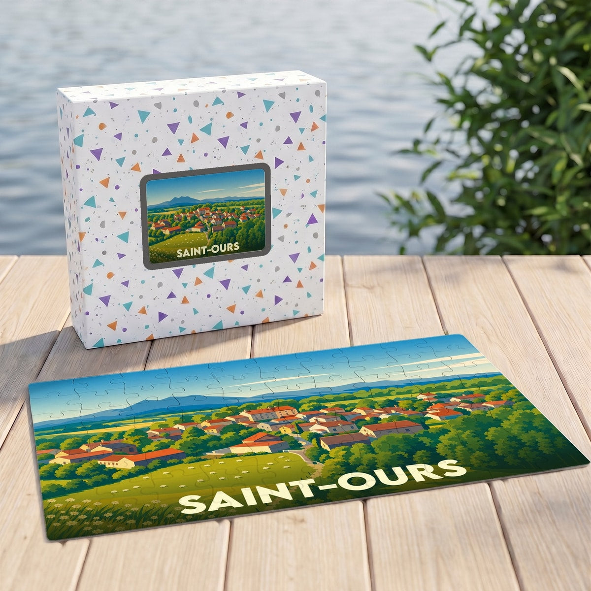 Puzzle souvenir de la ville de Saint-Ours avec une illustration paysagère stylisée.