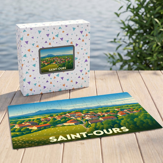 Puzzle souvenir de la ville de Saint-Ours avec une illustration paysagère stylisée.