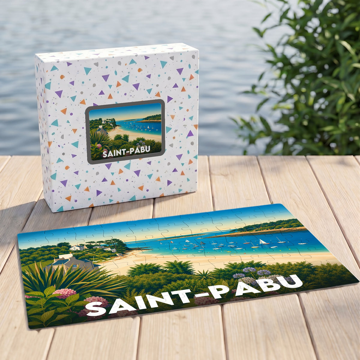 Puzzle souvenir de la ville de Saint-Pabu avec une illustration côtière stylisée.
