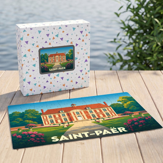 Puzzle souvenir de la ville de Saint-Paër avec une illustration stylisée d'un manoir.