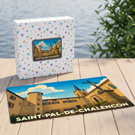 Puzzle souvenir de la ville de Saint-Pal-de-Chalencon avec une illustration stylisée de ses bâtiments historiques.
