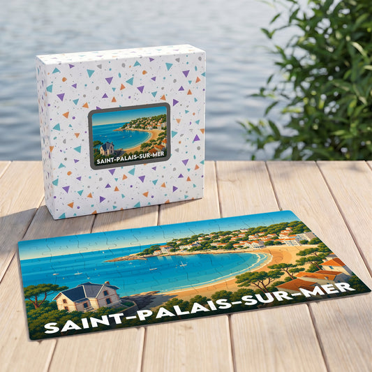 Puzzle souvenir de la ville de Saint-Palais-sur-Mer avec une illustration stylisée de sa côte.