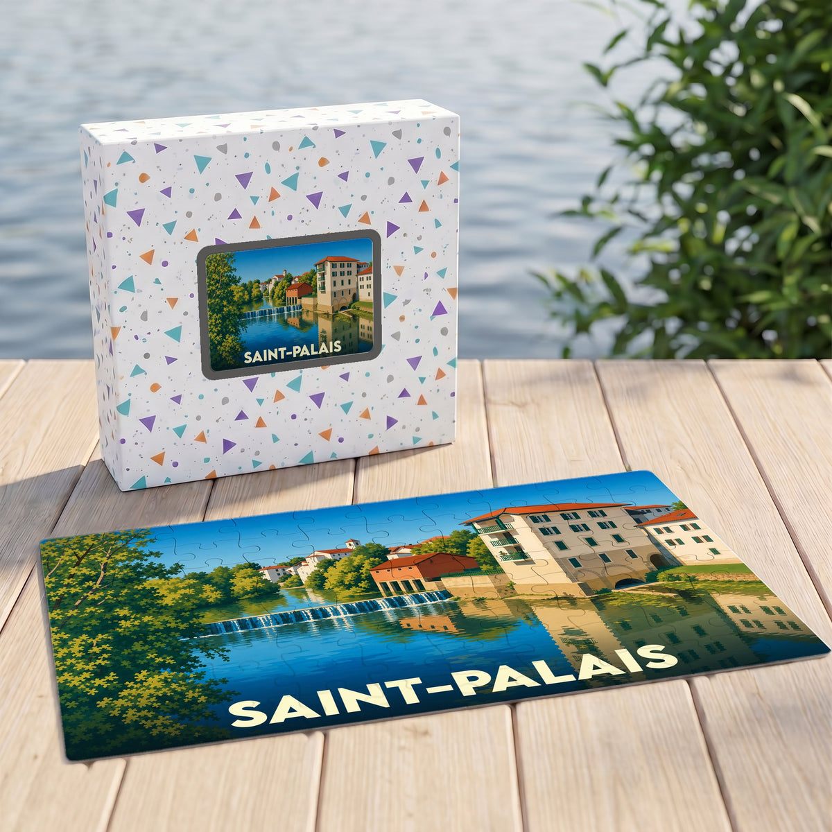Puzzle souvenir de la ville de Saint-Palais avec une illustration stylisée d'un paysage fluvial.