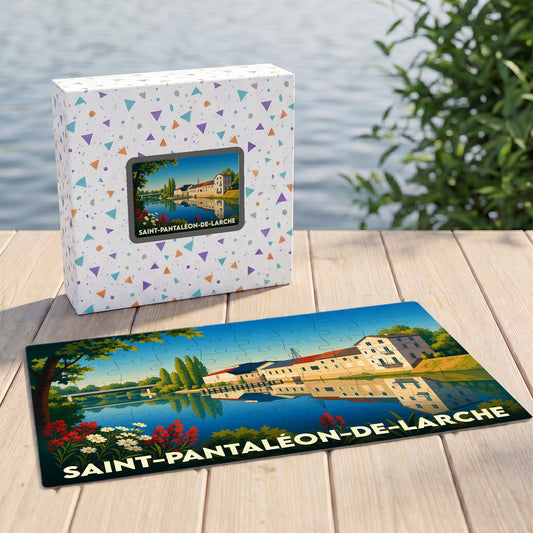 Puzzle souvenir de la ville de Saint-Pantaléon-de-Larche avec une illustration stylisée d'un paysage de bord de rivière.