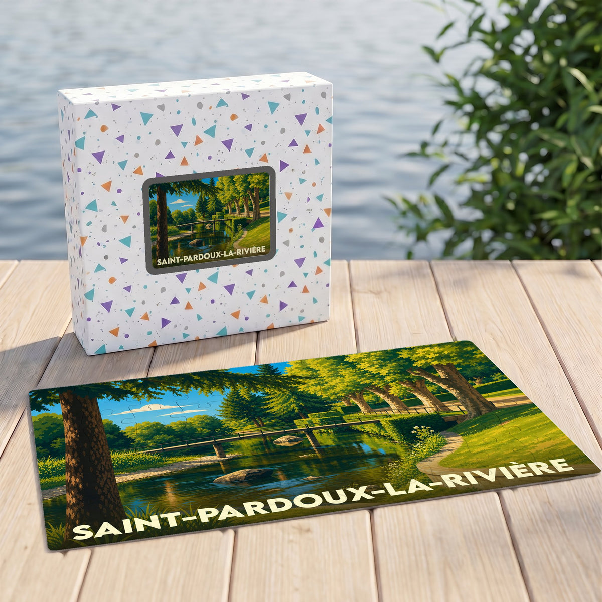 Puzzle souvenir de la ville de Saint-Pardoux-la-Rivière avec une illustration stylisée d'un paysage de rivière.