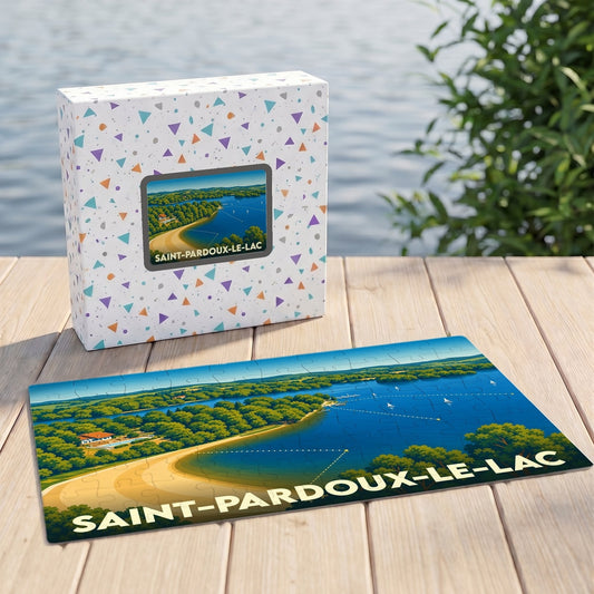 Puzzle souvenir de la ville de Saint-Pardoux-le-Lac avec une illustration stylisée de son lac et de sa plage.