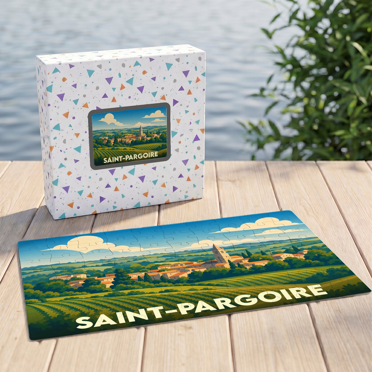 Puzzle souvenir de la ville de Saint-Pargoire avec une illustration stylisée de son paysage vallonné.