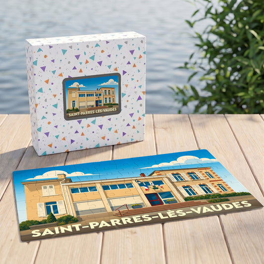 Puzzle souvenir de la ville de Saint-Parres-lès-Vaudes avec une illustration stylisée de sa mairie.