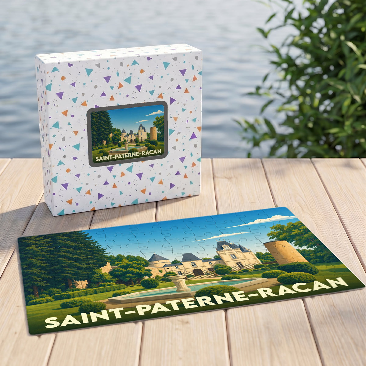 Puzzle souvenir de la ville de Saint-Paterne-Racan avec une illustration stylisée d'un château.
