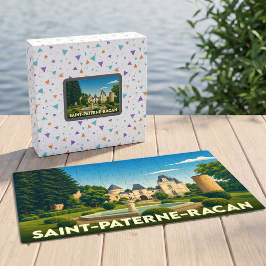 Puzzle souvenir de la ville de Saint-Paterne-Racan avec une illustration stylisée d'un château.