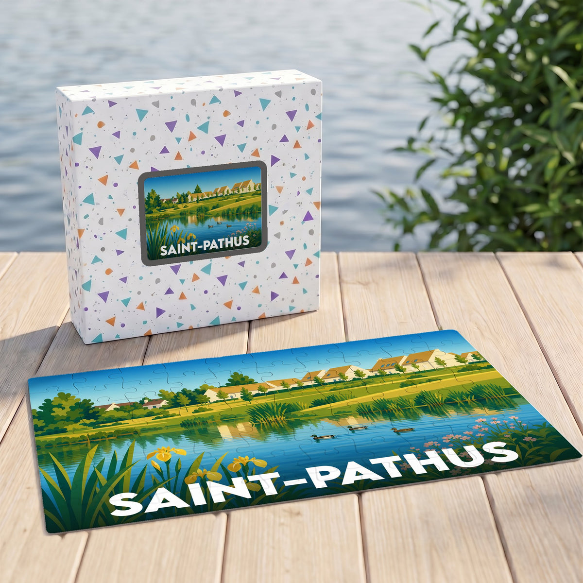 Puzzle souvenir de la ville de Saint-Pathus représentant un paysage lacustre illustré.