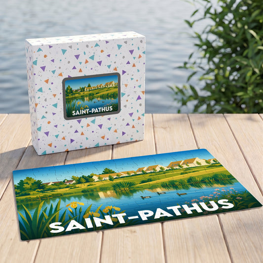 Puzzle souvenir de la ville de Saint-Pathus représentant un paysage lacustre illustré.