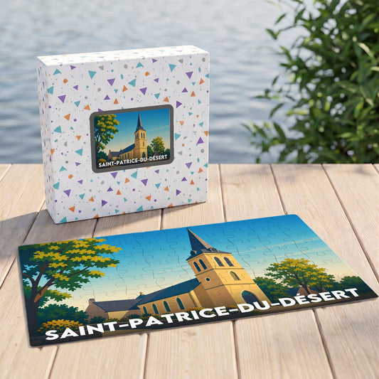 Puzzle souvenir de la ville de Saint-Patrice-du-Désert avec une illustration stylisée d'une église.