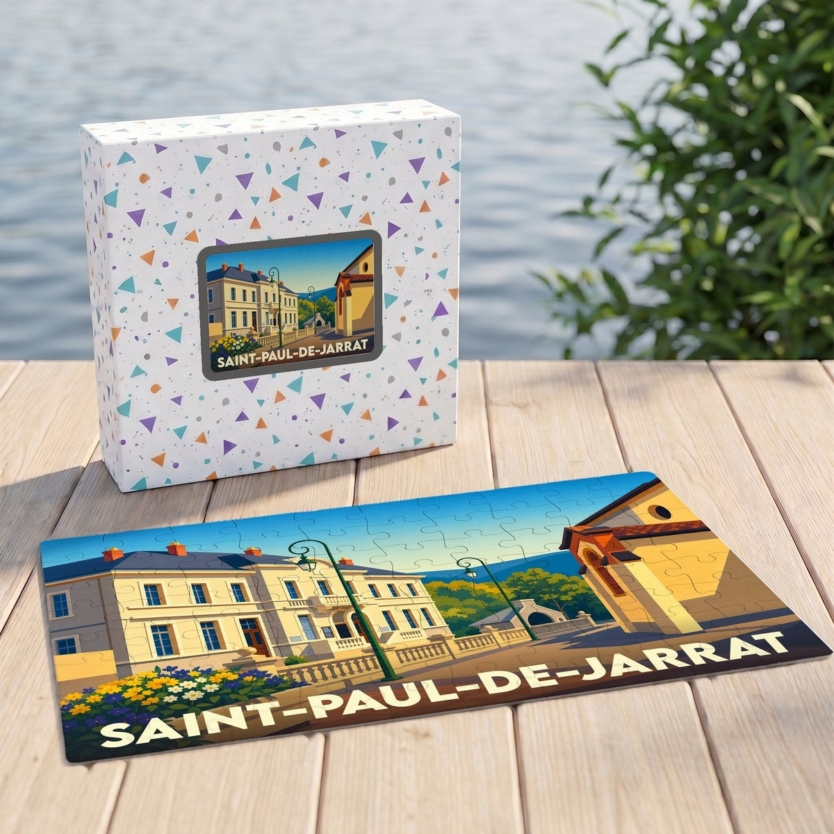 Puzzle souvenir de la ville de Saint-Paul-de-Jarrat présentant une illustration stylisée d'un bâtiment historique sous un ciel bleu.
