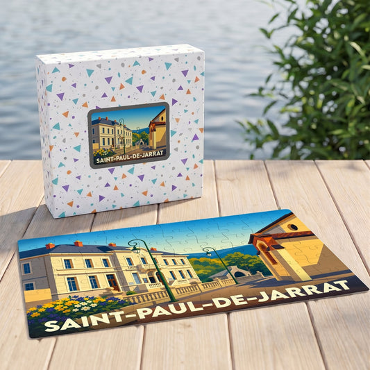 Puzzle souvenir de la ville de Saint-Paul-de-Jarrat présentant une illustration stylisée d'un bâtiment historique sous un ciel bleu.