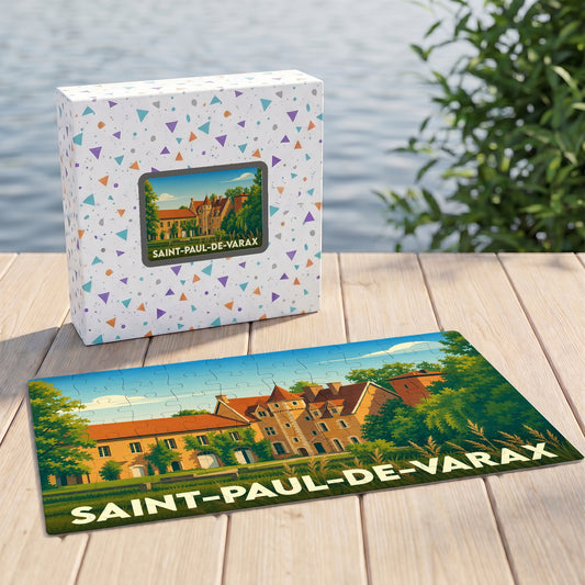 Puzzle souvenir de la ville de Saint-Paul-de-Varax avec une illustration stylisée d'un château.