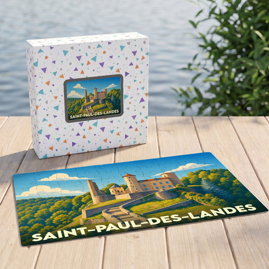 Puzzle souvenir de la ville de Saint-Paul-des-Landes avec une illustration stylisée d'un château.