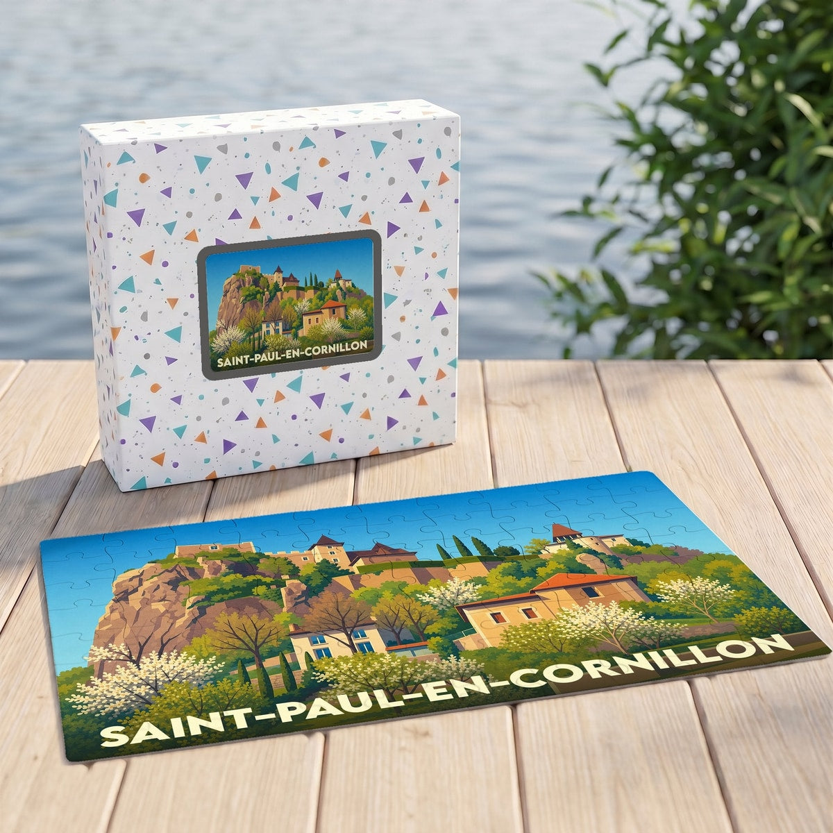 Puzzle souvenir de la ville de Saint-Paul-en-Cornillon avec une illustration stylisée de son château et de ses paysages.