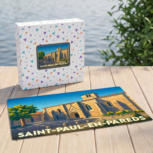 Puzzle souvenir de la ville de Saint-Paul-en-Pareds avec une illustration stylisée d'une église sous un ciel bleu.