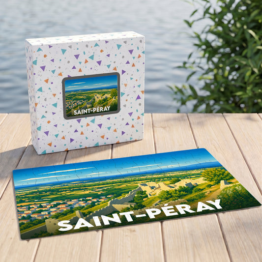 Puzzle souvenir de la ville de Saint-Péray avec une illustration paysagère stylisée.