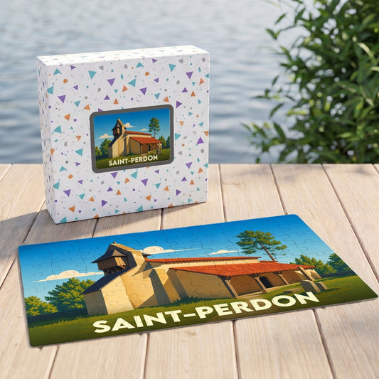 Puzzle souvenir de la ville de Saint-Perdon avec une illustration stylisée.