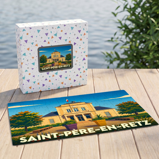 Puzzle souvenir de la ville de Saint-Père-en-Retz avec une illustration stylisée de son hôtel de ville.