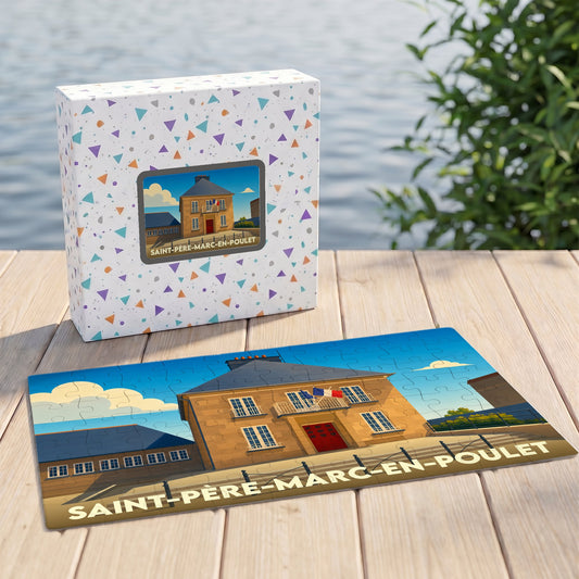 Puzzle souvenir de la ville de Saint-Père-Marc-en-Poulet avec une illustration stylisée de sa mairie.