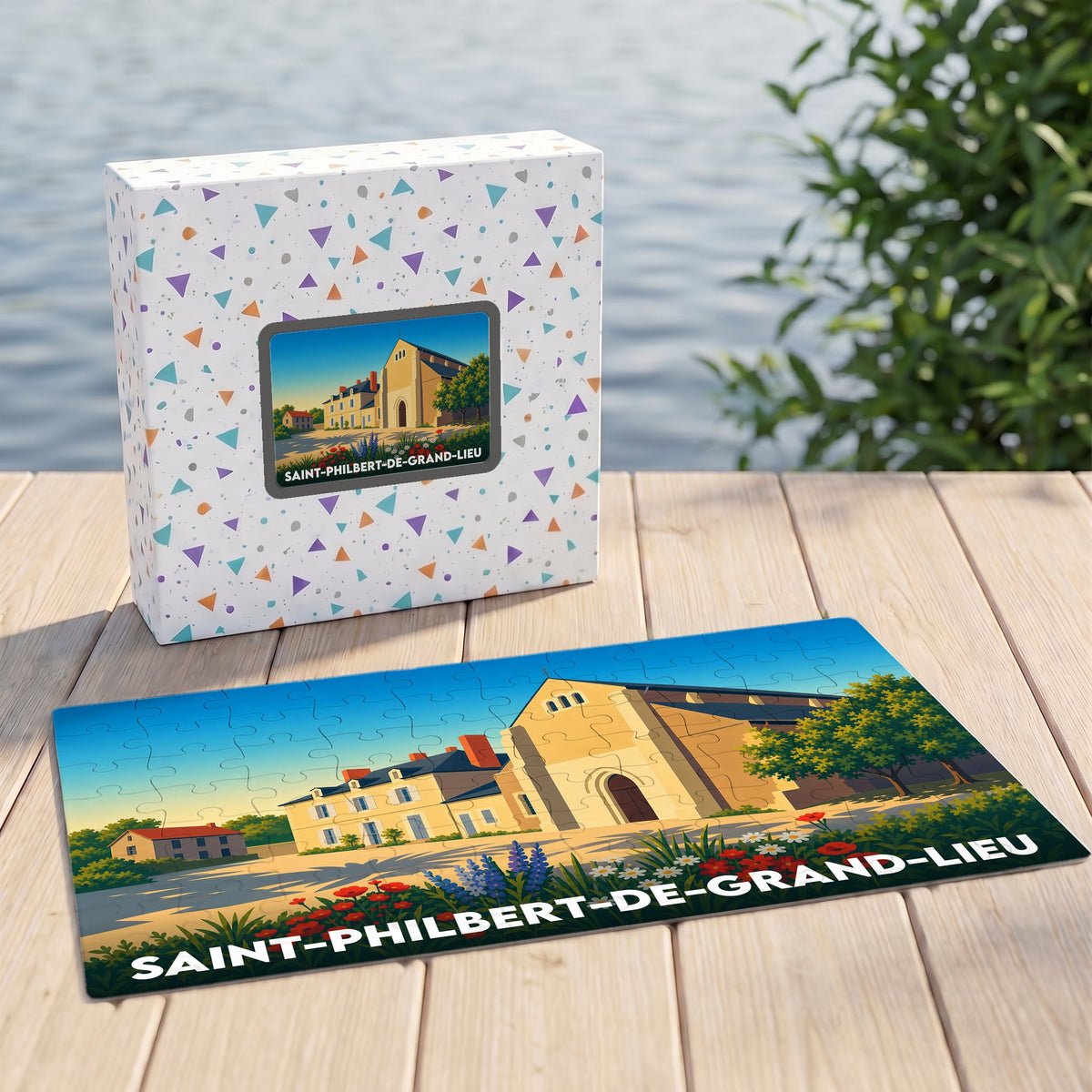 Puzzle souvenir de la ville de Saint-Philbert-de-Grand-Lieu avec une illustration stylisée de son abbatiale.