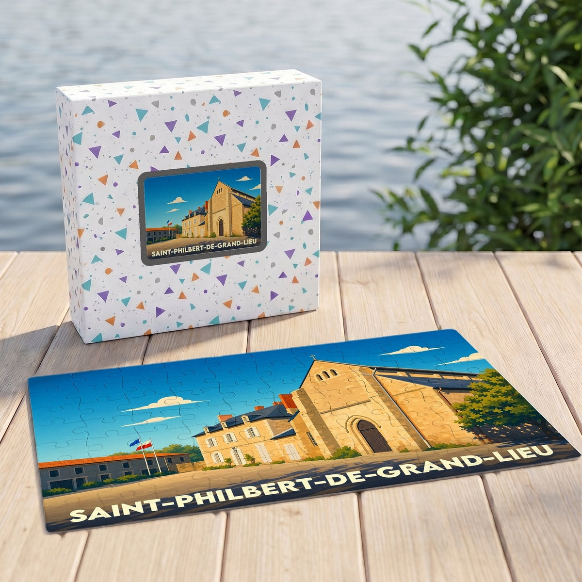 Puzzle souvenir de la ville de Saint-Philbert-de-Grand-Lieu avec une illustration stylisée de son abbatiale.
