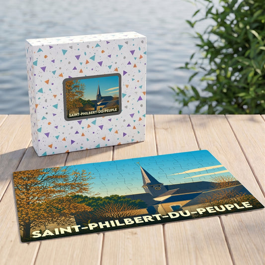 Puzzle souvenir de la ville de Saint-Philbert-du-Peuple avec une illustration stylisée de son église en automne.