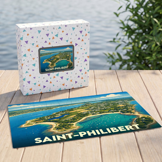 Puzzle souvenir de la ville de Saint-Philibert avec une illustration aérienne stylisée de son littoral.