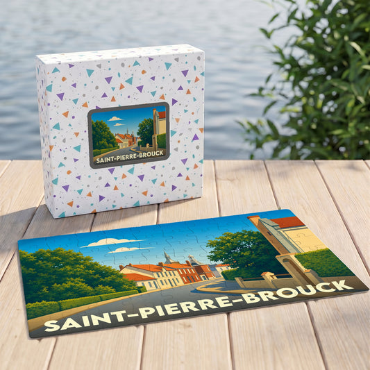 Puzzle souvenir de la ville de Saint-Pierre-Brouck représentant une rue illustrée dans un style rétro.