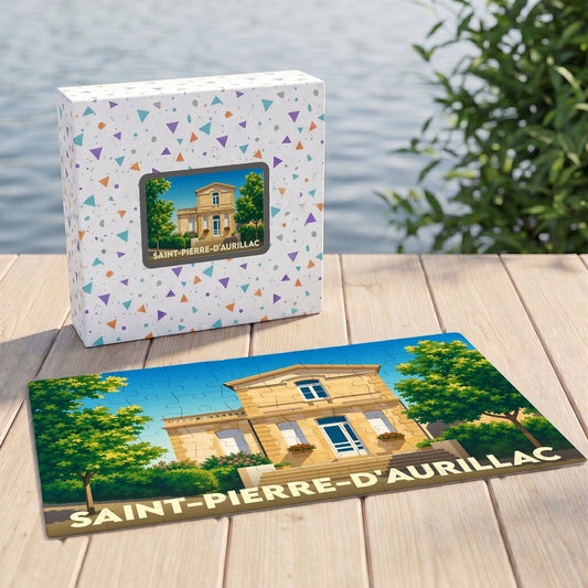 Puzzle souvenir de la ville de Saint-Pierre-d'Aurillac avec une illustration stylisée de sa mairie.