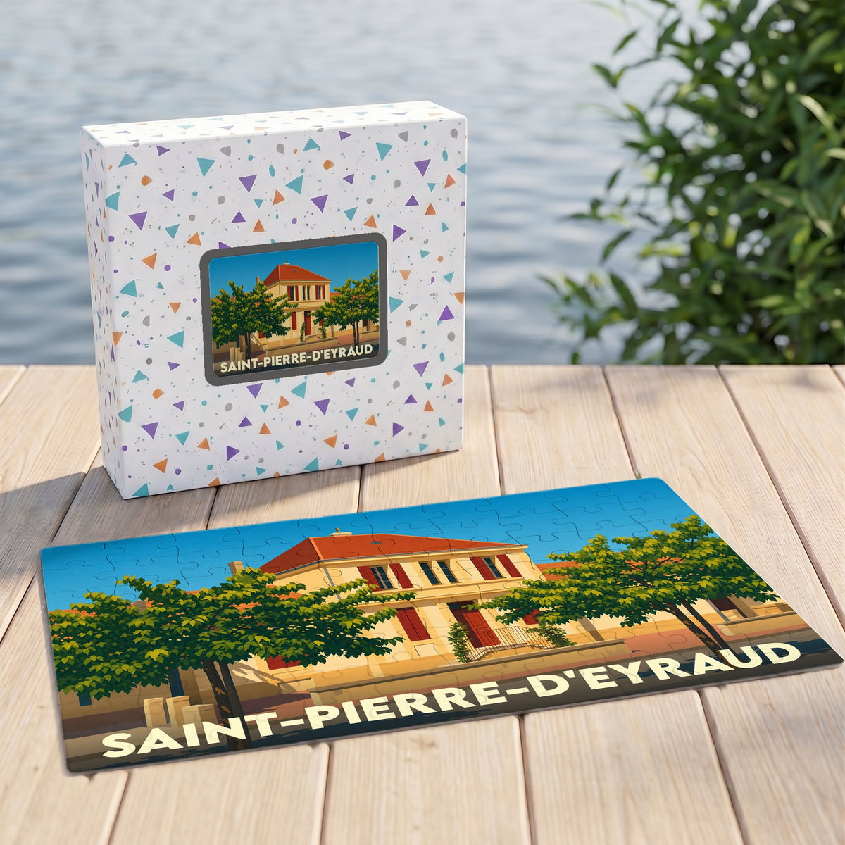 Puzzle souvenir de la ville de Saint-Pierre-d'Eyraud avec une illustration stylisée d'un bâtiment communal.