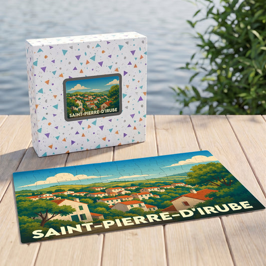 Puzzle souvenir de la ville de Saint-Pierre-d'Irube avec une illustration stylisée d'un paysage basque.
