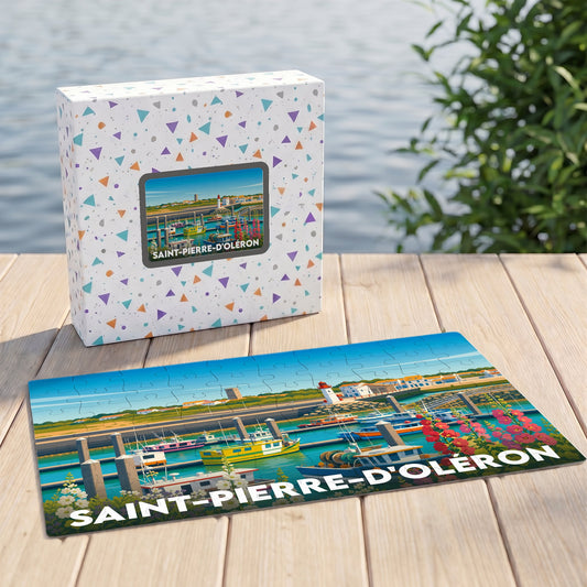 Puzzle souvenir de Saint-Pierre-d'Oléron avec une illustration colorée d'un port de plaisance.