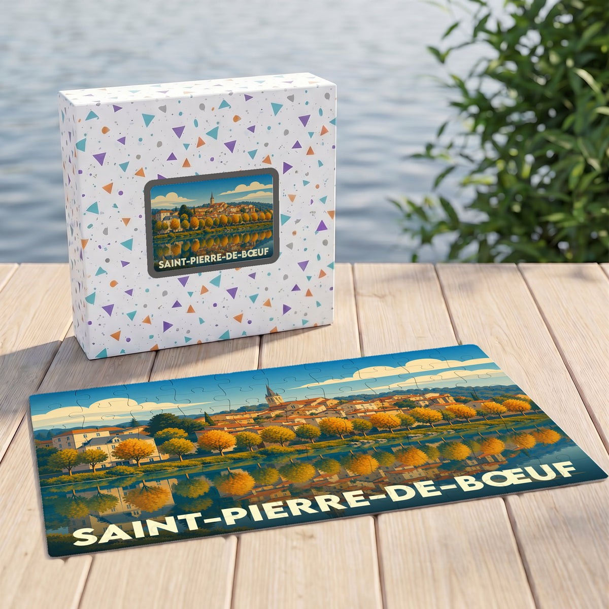 Puzzle souvenir de la ville de Saint-Pierre-de-Bœuf avec une illustration stylisée et colorée.