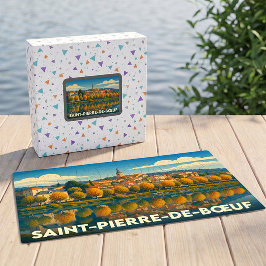 Puzzle souvenir de la ville de Saint-Pierre-de-Bœuf avec une illustration stylisée et colorée.